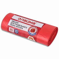 Мешки для мусора 60 л, красный, в рулоне 20 шт., ПНД, 10 мкм, 680х580 мм, LAIMA, 606702 в Асбесте